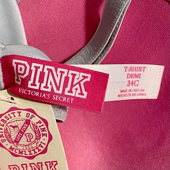 2 PINK Victoria’s Secret T Shirt Demi Bras Size 34C Pink Leopard Print & Gray - Picture 12 of 13